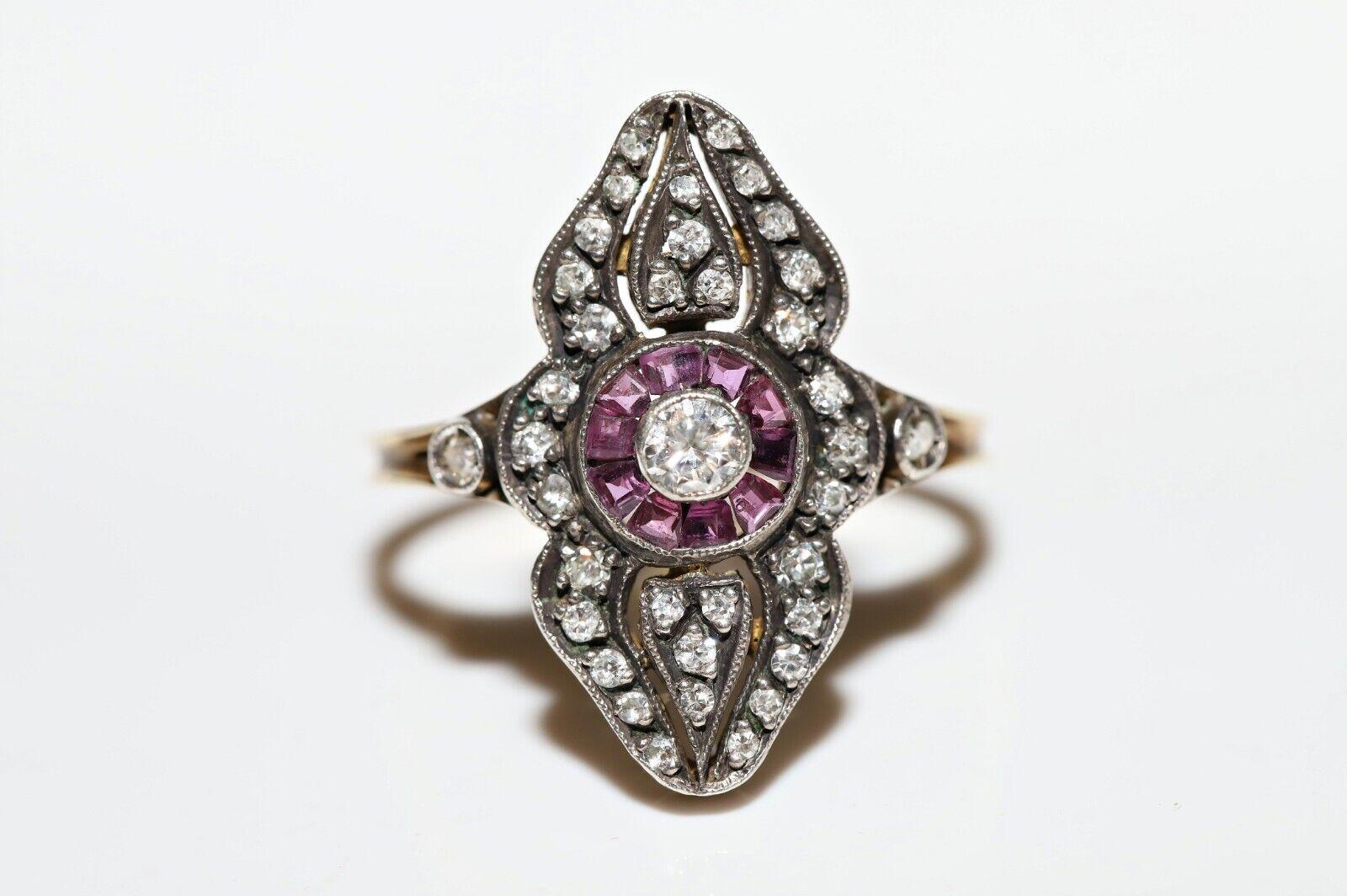 Bague navette vintage en or 18 carats, argent, diamant naturel, calibre, rubis et diamants en vente 8