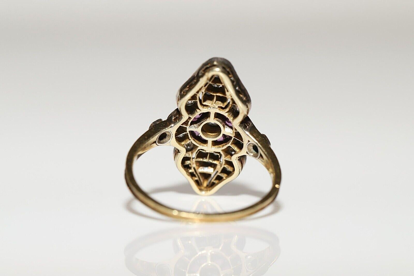Taille brillant Bague navette vintage en or 18 carats, argent, diamant naturel, calibre, rubis et diamants en vente