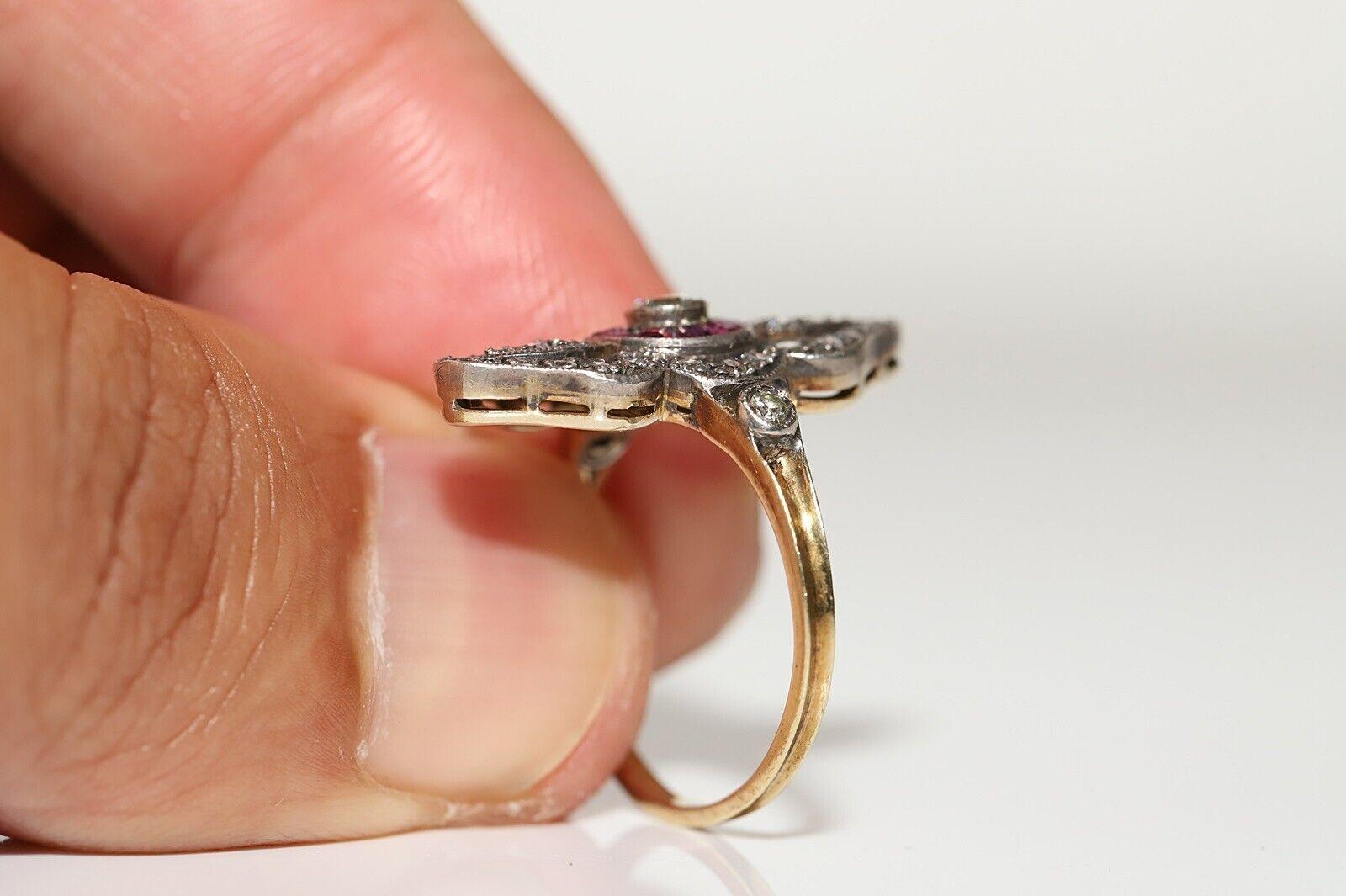 Bague navette vintage en or 18 carats, argent, diamant naturel, calibre, rubis et diamants Bon état - En vente à Fatih/İstanbul, 34