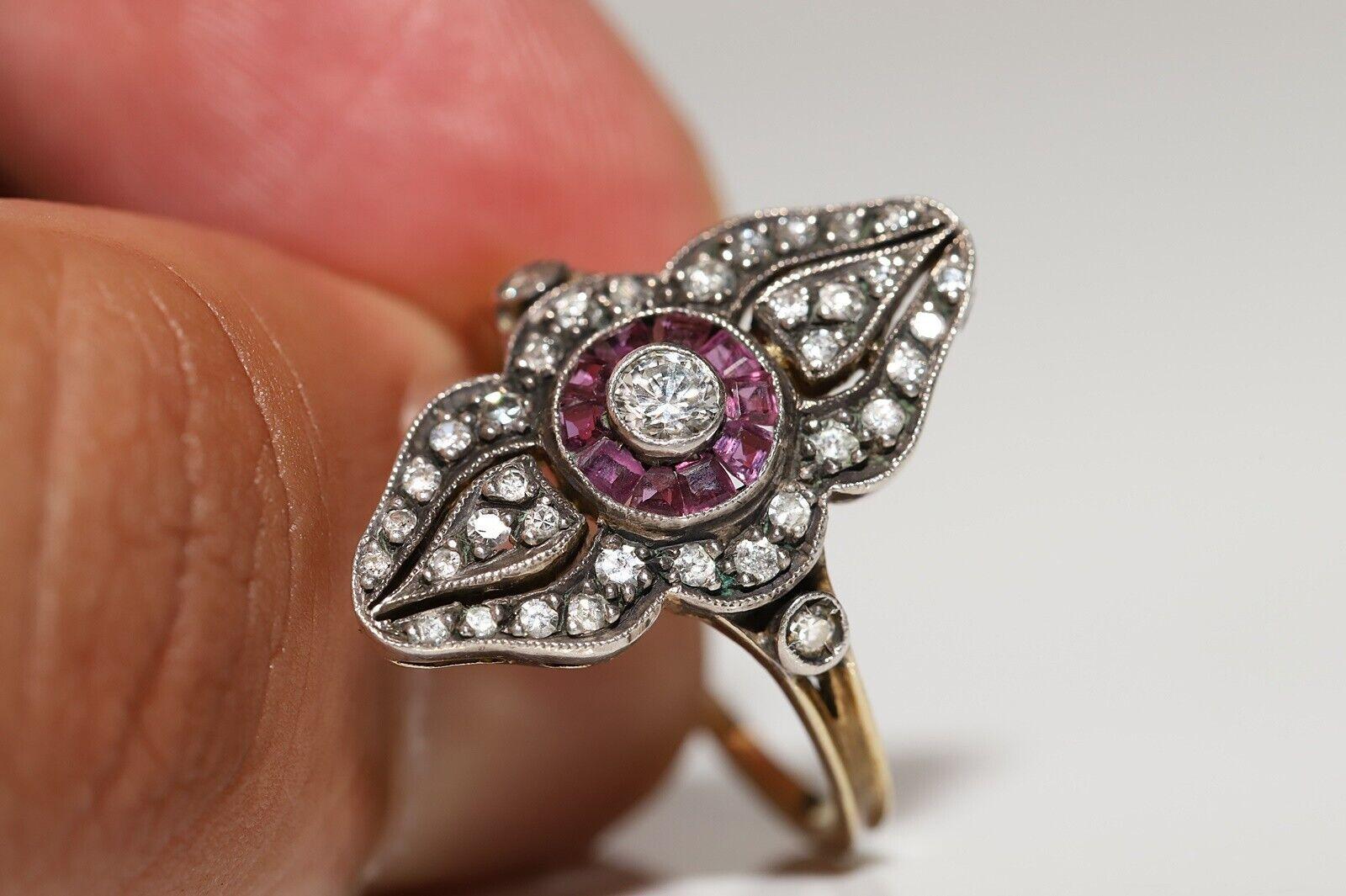 Bague navette vintage en or 18 carats, argent, diamant naturel, calibre, rubis et diamants Unisexe en vente