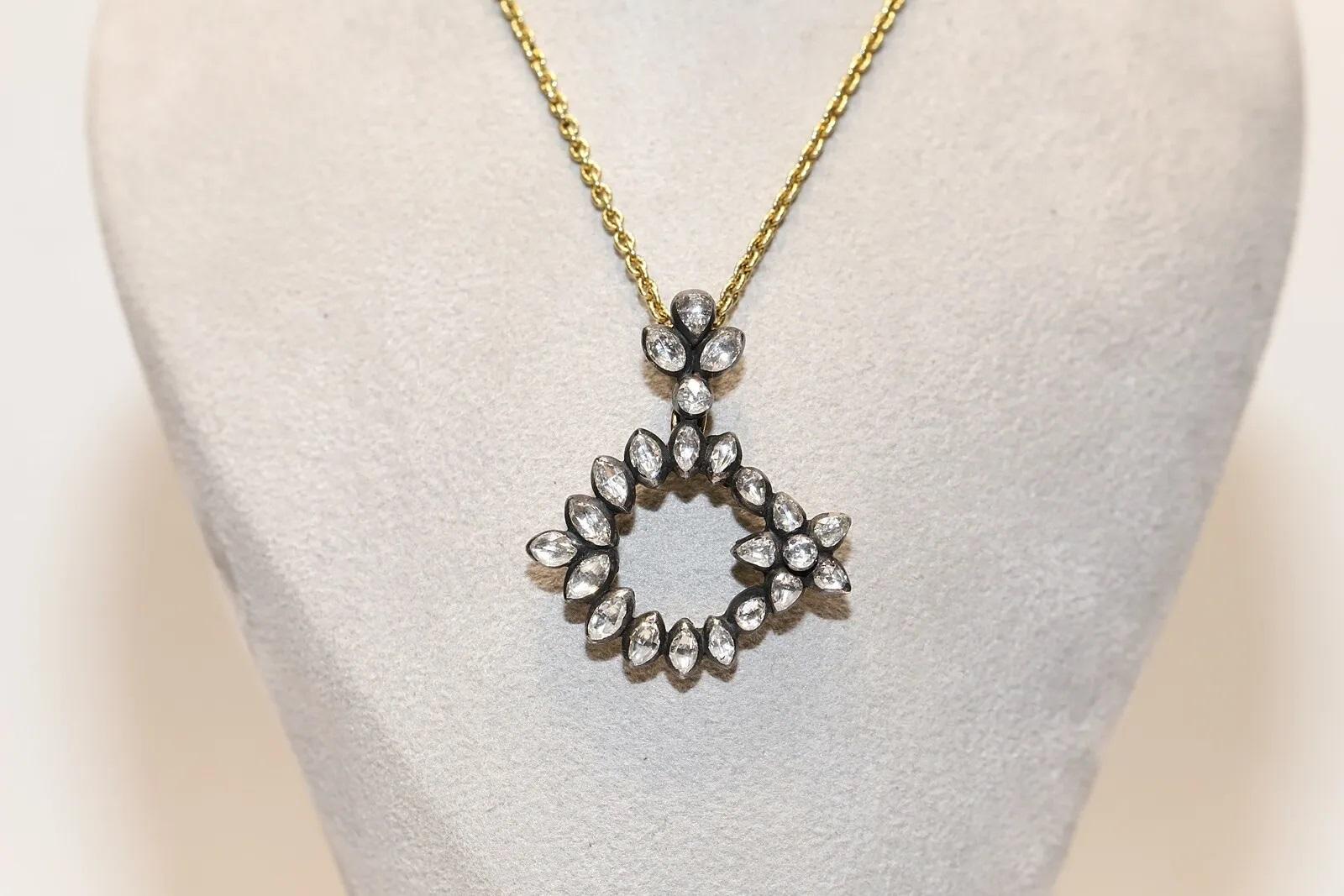 Vintage 18k Gold Top Silver Natural Rose Cut Diamond Moon Star Pendant Necklace For Sale 5