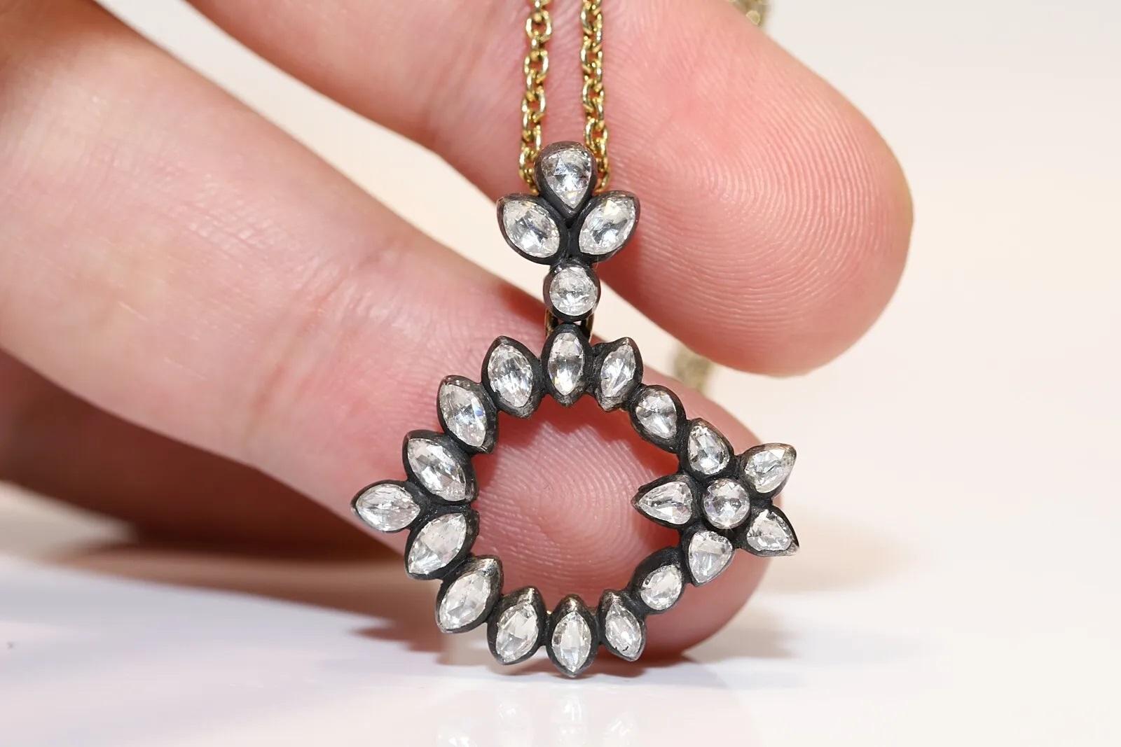 Modern Vintage 18k Gold Top Silver Natural Rose Cut Diamond Moon Star Pendant Necklace For Sale