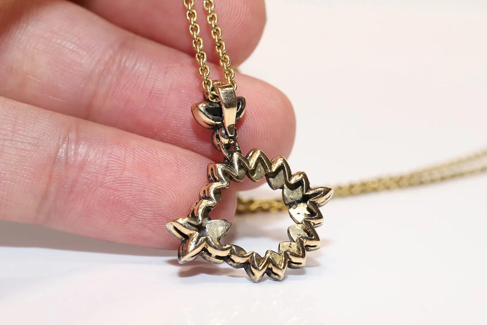 Women's Vintage 18k Gold Top Silver Natural Rose Cut Diamond Moon Star Pendant Necklace For Sale