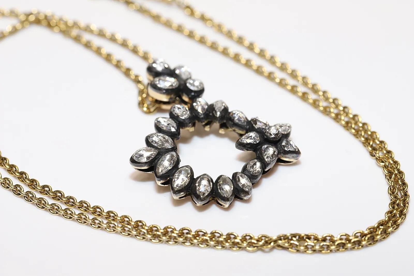 Vintage 18k Gold Top Silver Natural Rose Cut Diamond Moon Star Pendant Necklace For Sale 4