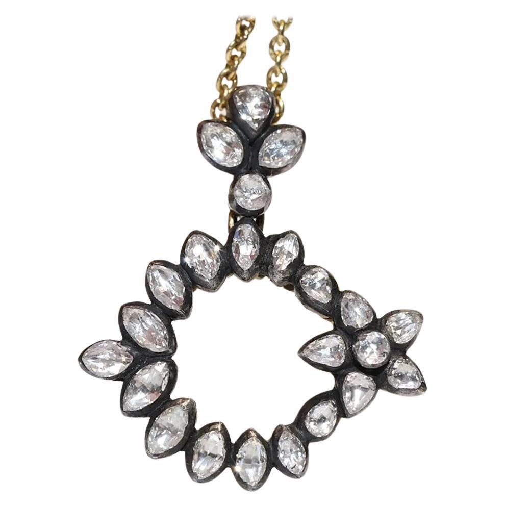 Vintage 18k Gold Top Silver Natural Rose Cut Diamond Moon Star Pendant Necklace For Sale