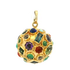 Vintage 18k Gold Tourmaline Amethyst Coral Lapis Turquoise Ball Sputnik Pendant