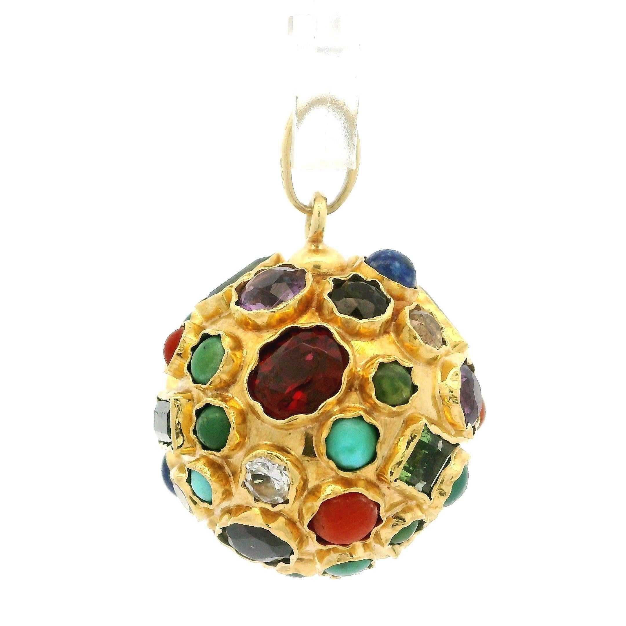 Colgante Sputnik Vintage de Oro de 18k Turmalina Amatista Coral Lapis Turquesa Bola Corte redondo