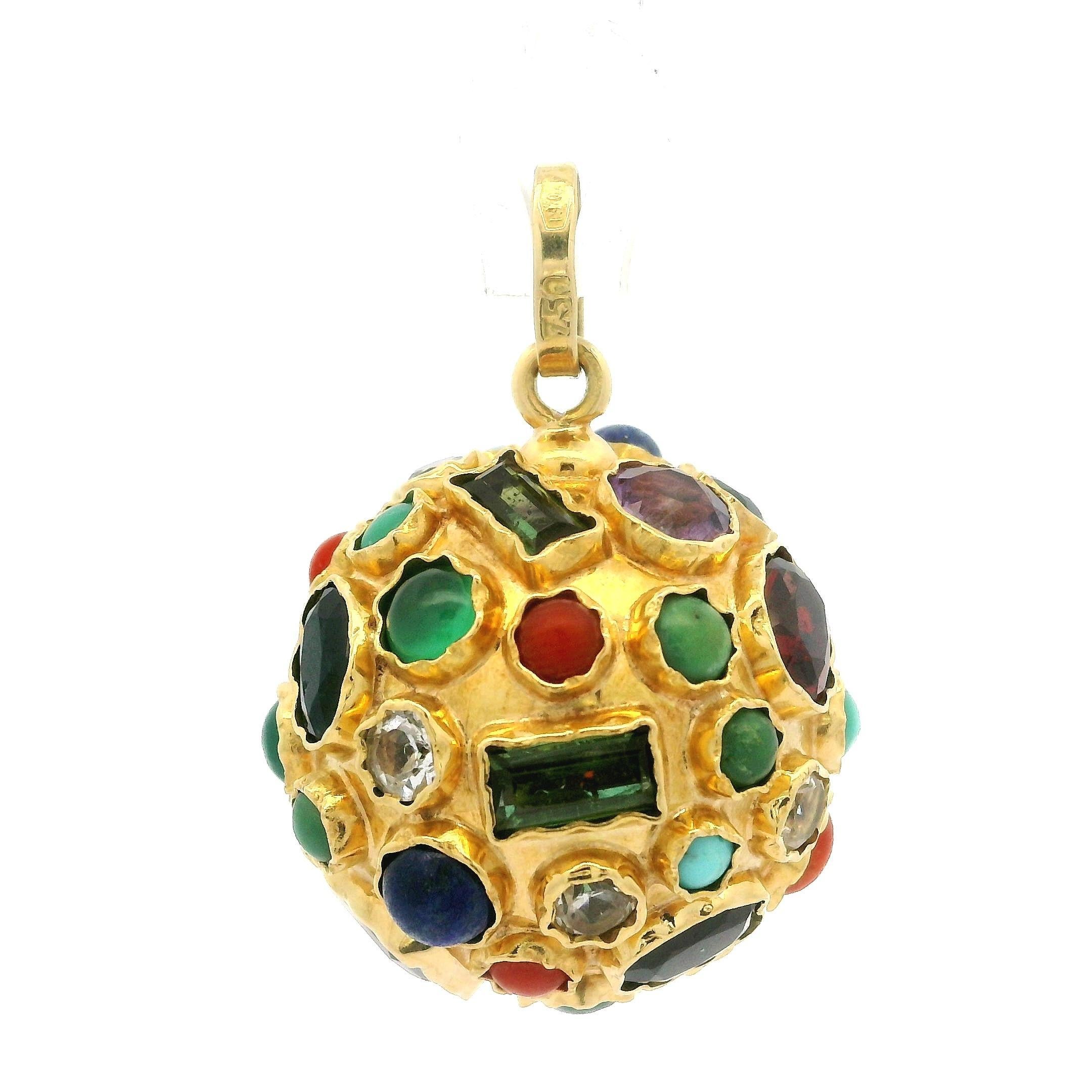 Colgante Sputnik Vintage de Oro de 18k Turmalina Amatista Coral Lapis Turquesa Bola en Bueno Estado en Montclair, NJ