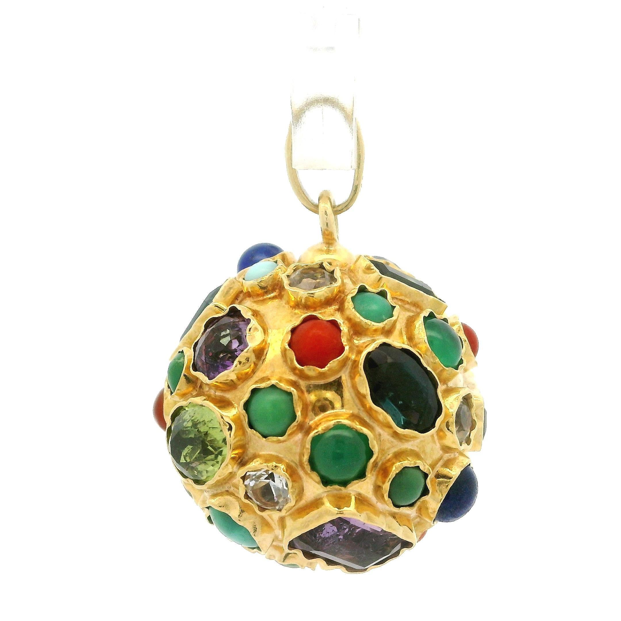 De las mujeres Colgante Sputnik Vintage de Oro de 18k Turmalina Amatista Coral Lapis Turquesa Bola