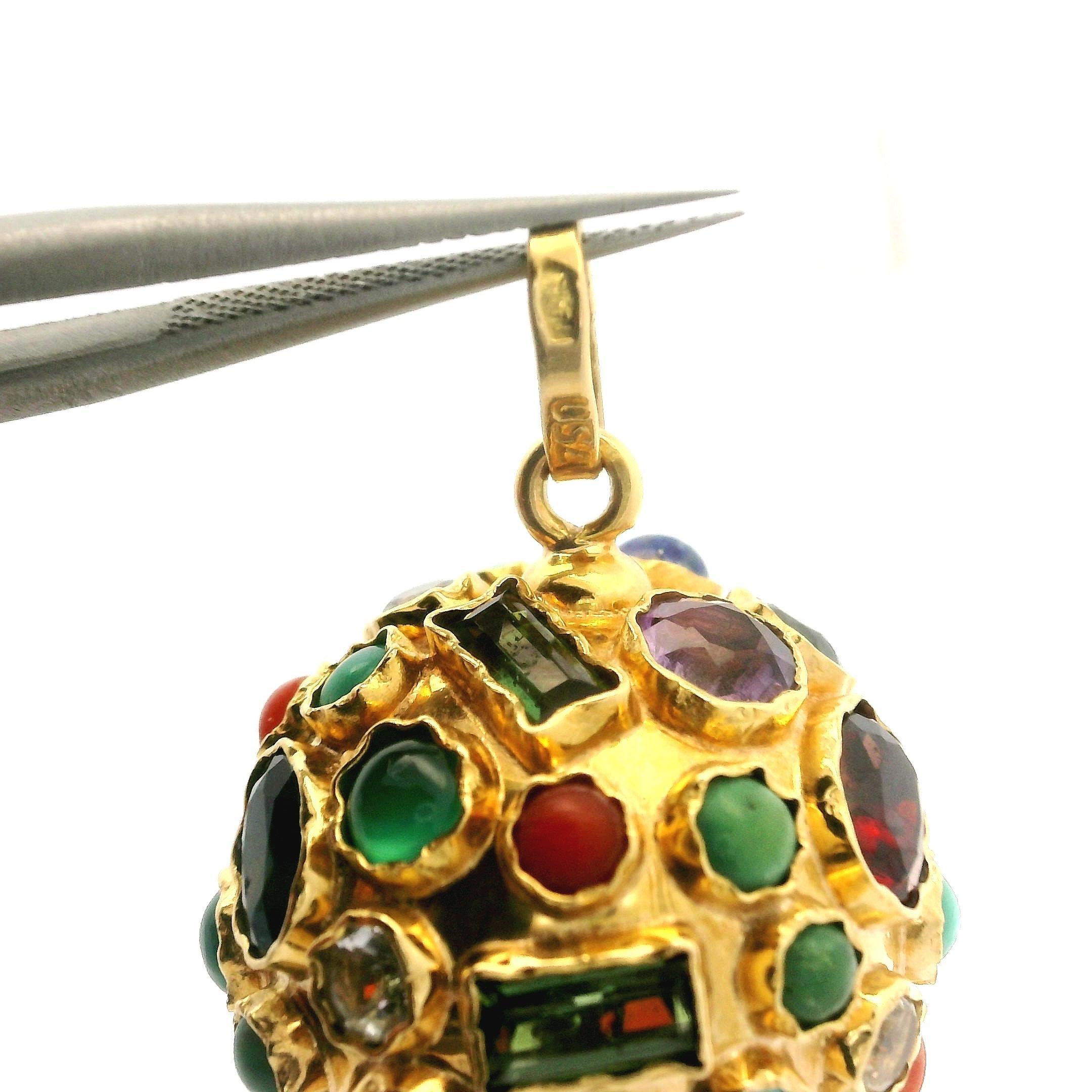 Colgante Sputnik Vintage de Oro de 18k Turmalina Amatista Coral Lapis Turquesa Bola 1