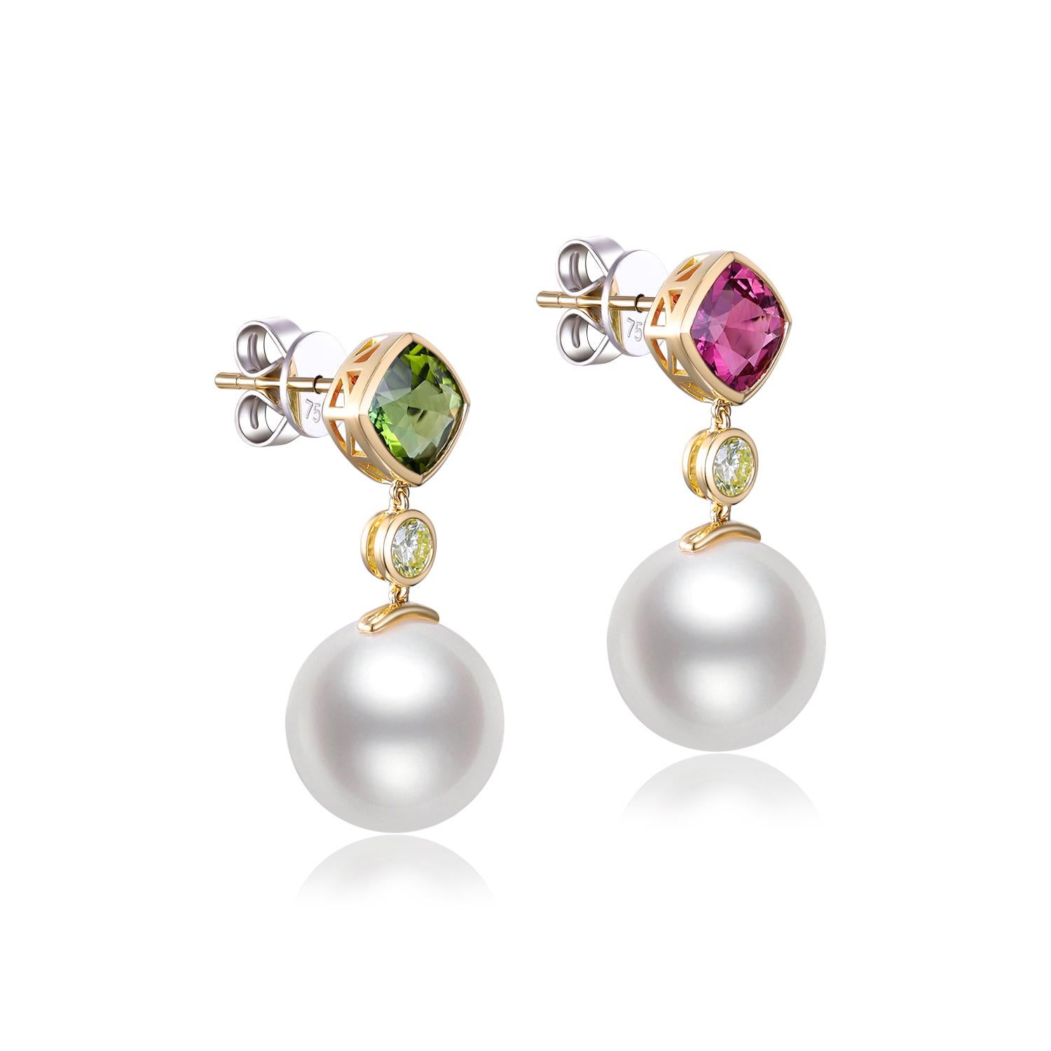 Pendientes vintage de perlas del mar del sur de 11-12 mm y turmalina con oro de 18k en venta 3