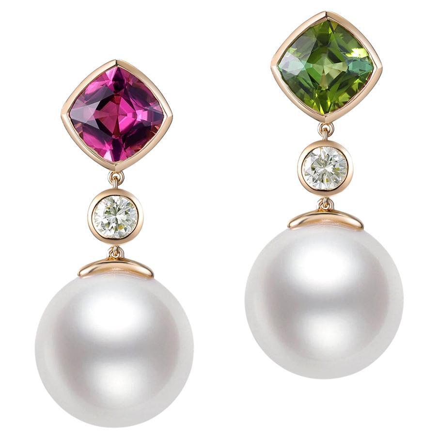 Vintage 11-12mm South Sea Pearl Earrings & Tourmaline Earring with 18k Gold