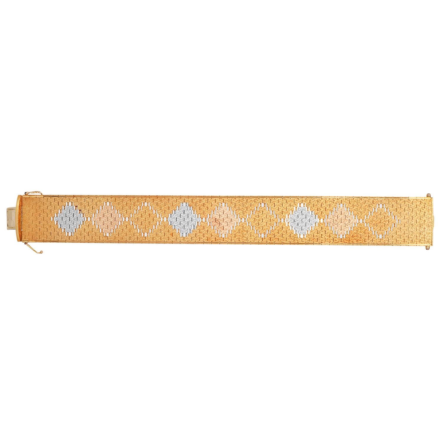 Women's or Men's Vintage 18K Gold Tri-Coler Mesh Textured Wide Bracelet For Sale