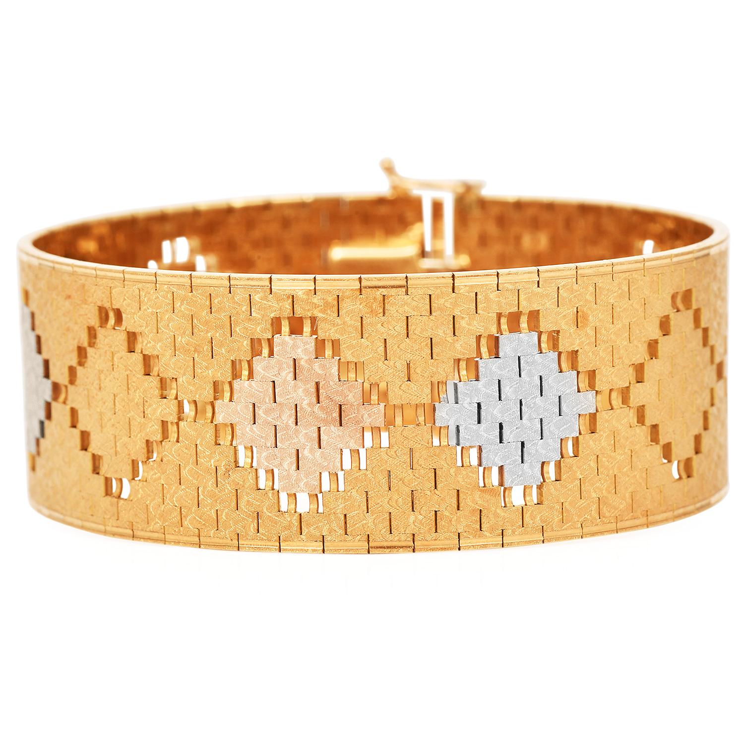 Vintage 18K Gold Tri-Coler Mesh texturiert breites Armband