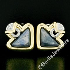 Vintage 18k Gold Triangular Cabochon Sapphire & Round Diamond Geometric Earrings