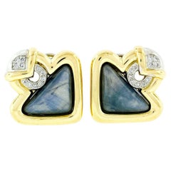 Vintage 18k Gold Triangular Cabochon Sapphire & Round Diamond Geometric Earrings