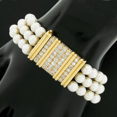 Vintage 18k Gold Triple 3 Strand Pearl Bracelet w/ VVS E 3.10ctw Diamond Clasp