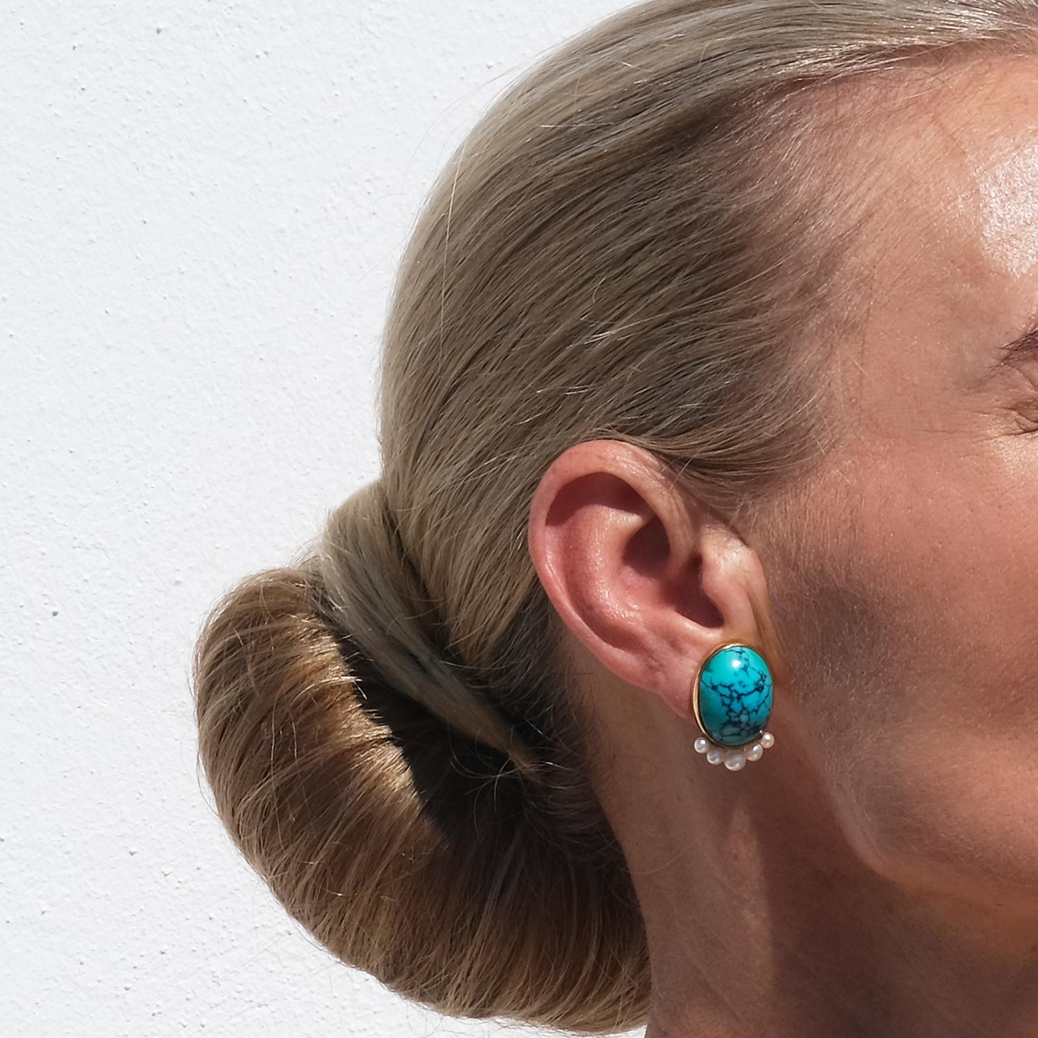 Vintage 18K Gold, Turquoise and Pearl Earrings by Hugo Strömdahl Made 1956 For Sale 5