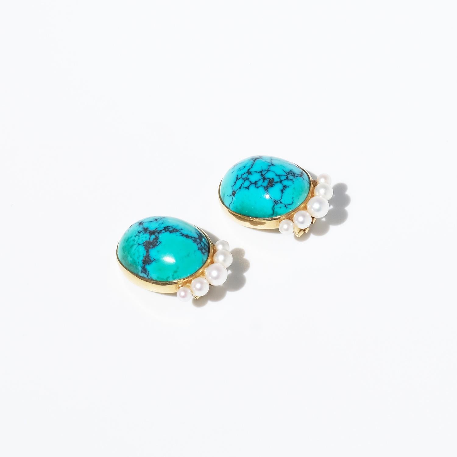 Vintage 18K Gold, Turquoise and Pearl Earrings by Hugo Strömdahl Made 1956 For Sale 3