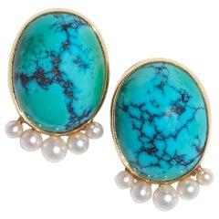 Pendientes vintage de oro de 18 quilates, turquesa y perlas de Hugo Strömdahl Fabricados en 1956