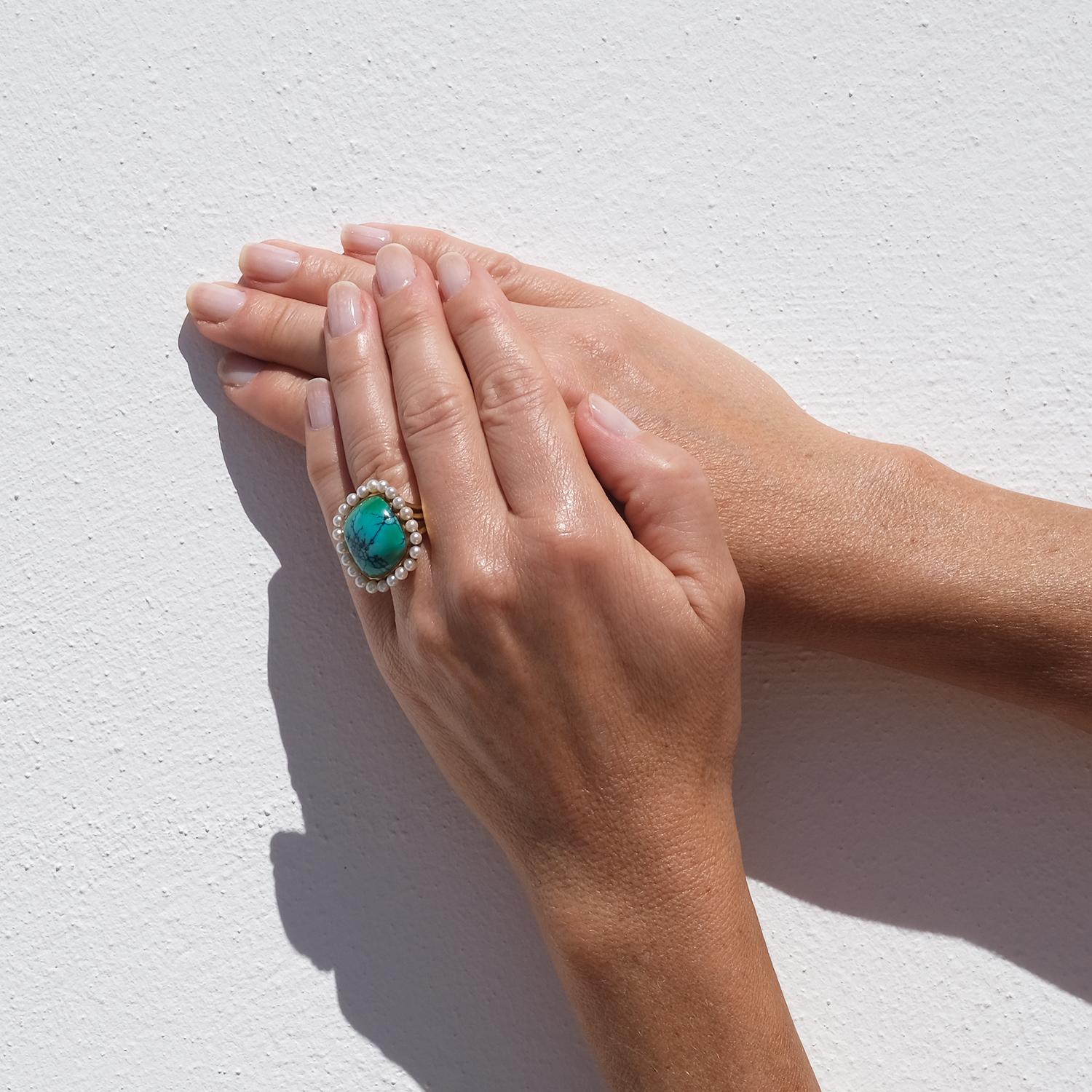 Vintage 18K Gold, Turquoise and Pearl Ring by Swedish Hugo Strömdahl Made 1959 5