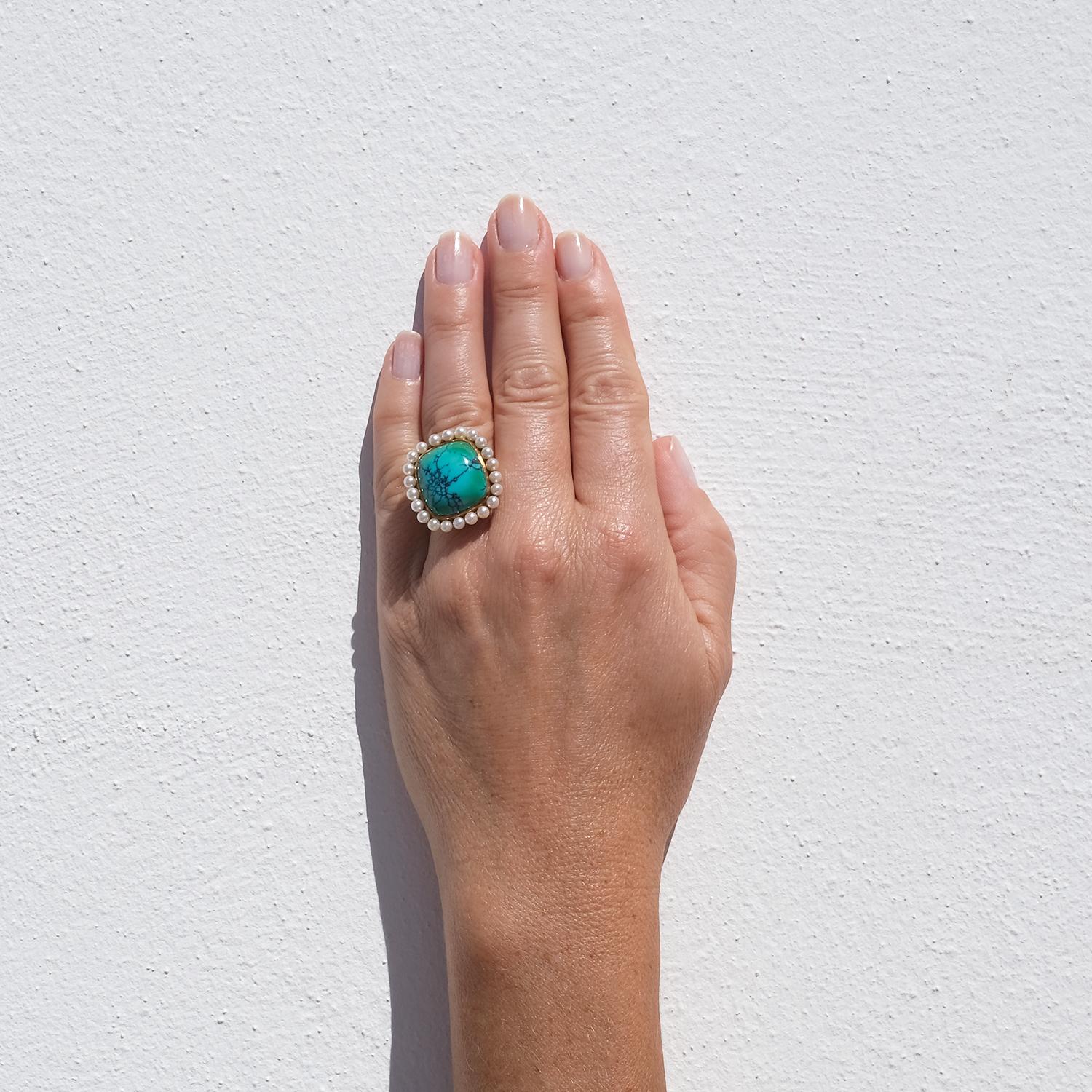 Vintage 18K Gold, Turquoise and Pearl Ring by Swedish Hugo Strömdahl Made 1959 6