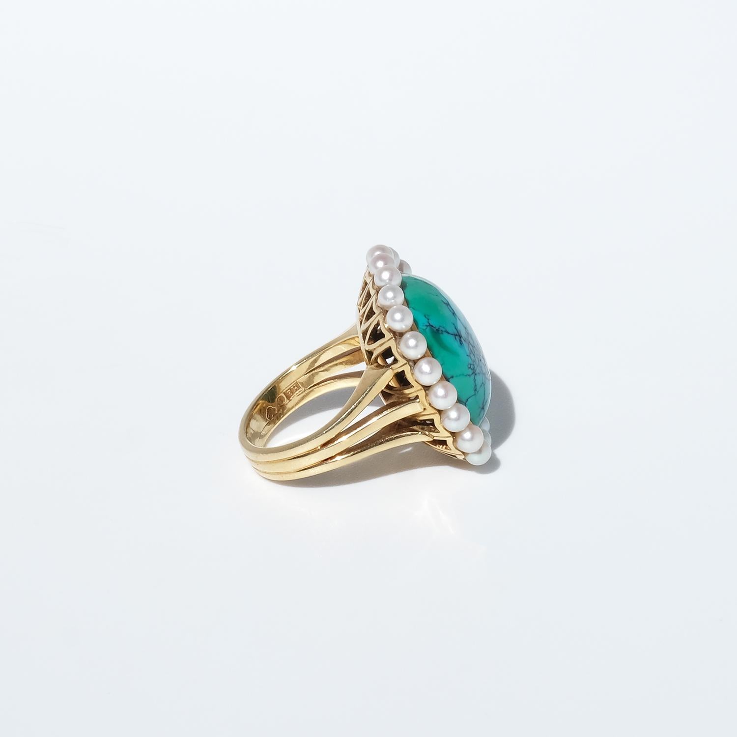 Cabochon Vintage 18K Gold, Turquoise and Pearl Ring by Swedish Hugo Strömdahl Made 1959