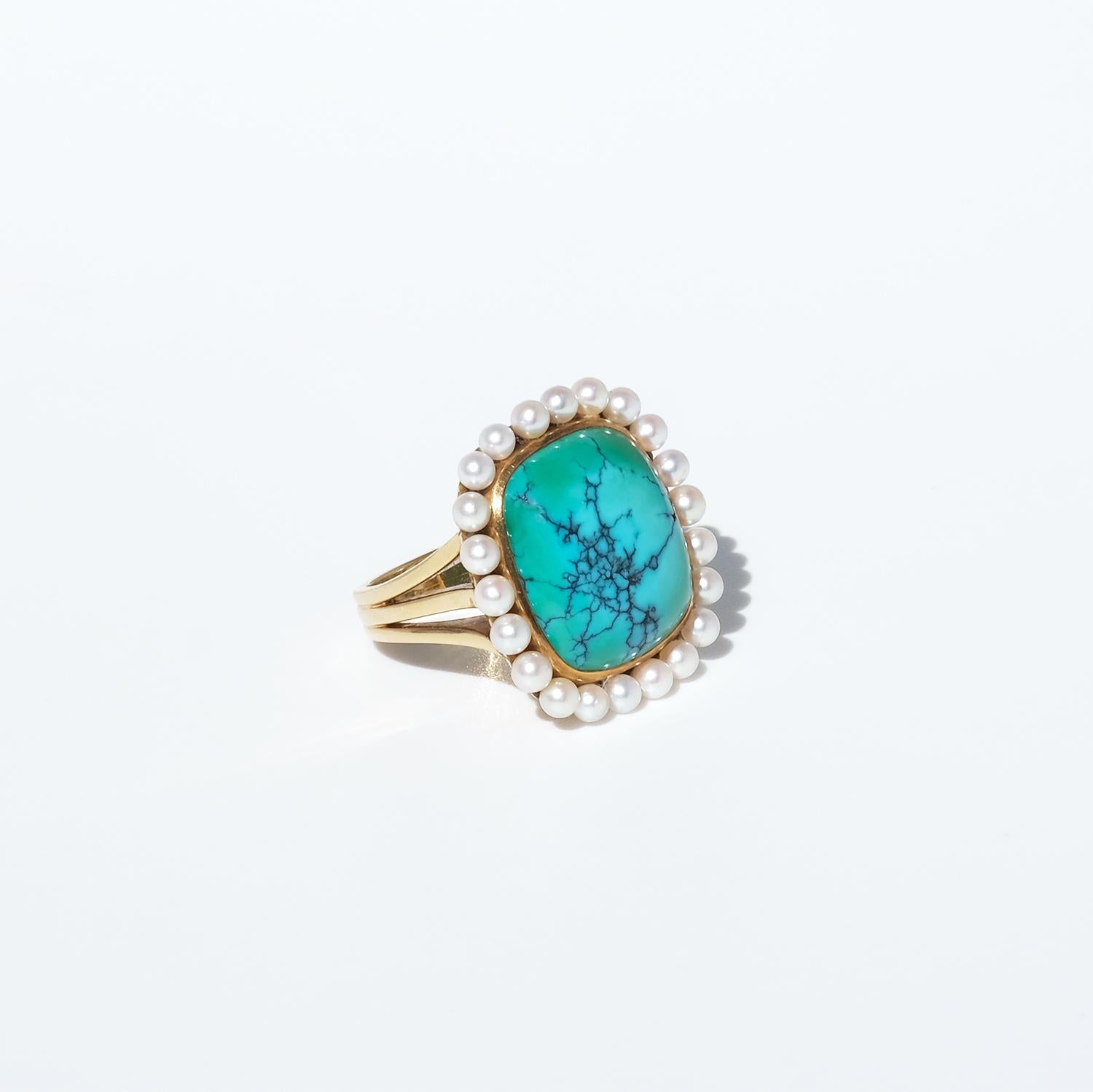 Vintage 18K Gold, Turquoise and Pearl Ring by Swedish Hugo Strömdahl Made 1959 In Good Condition In Stockholm, SE