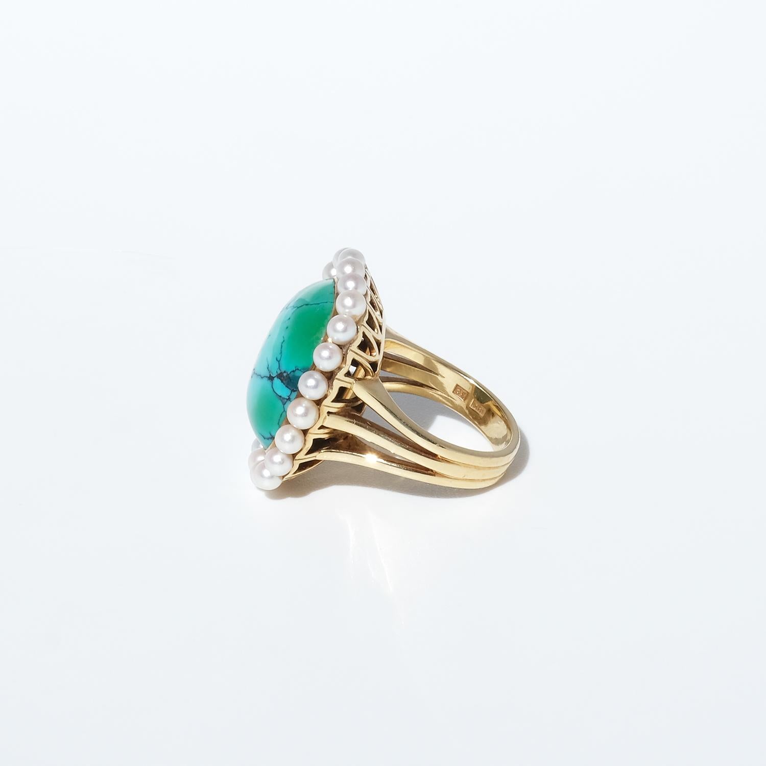 Vintage 18K Gold, Turquoise and Pearl Ring by Swedish Hugo Strömdahl Made 1959 1