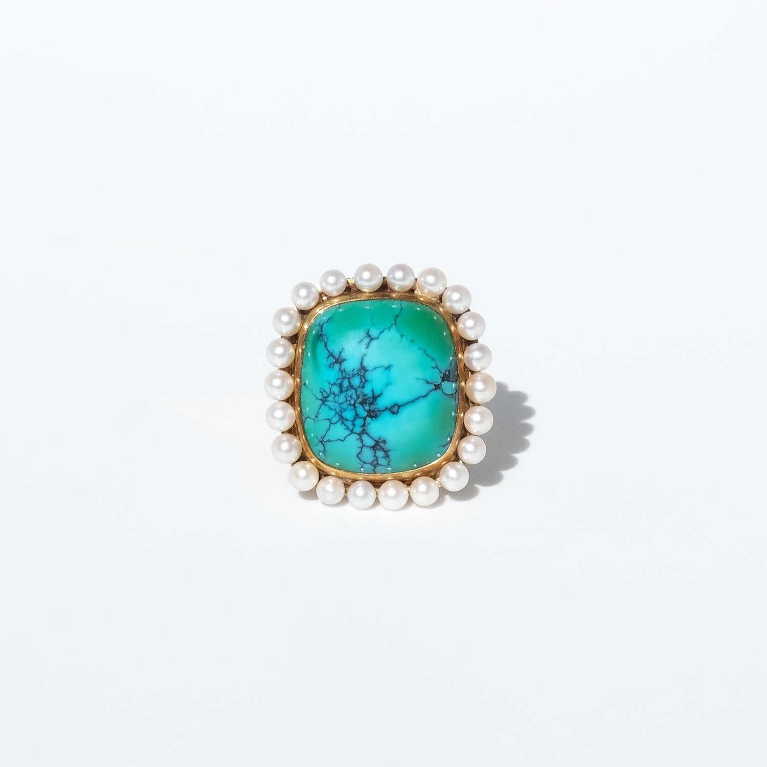 Vintage 18K Gold, Turquoise and Pearl Ring by Swedish Hugo Strömdahl Made 1959 2