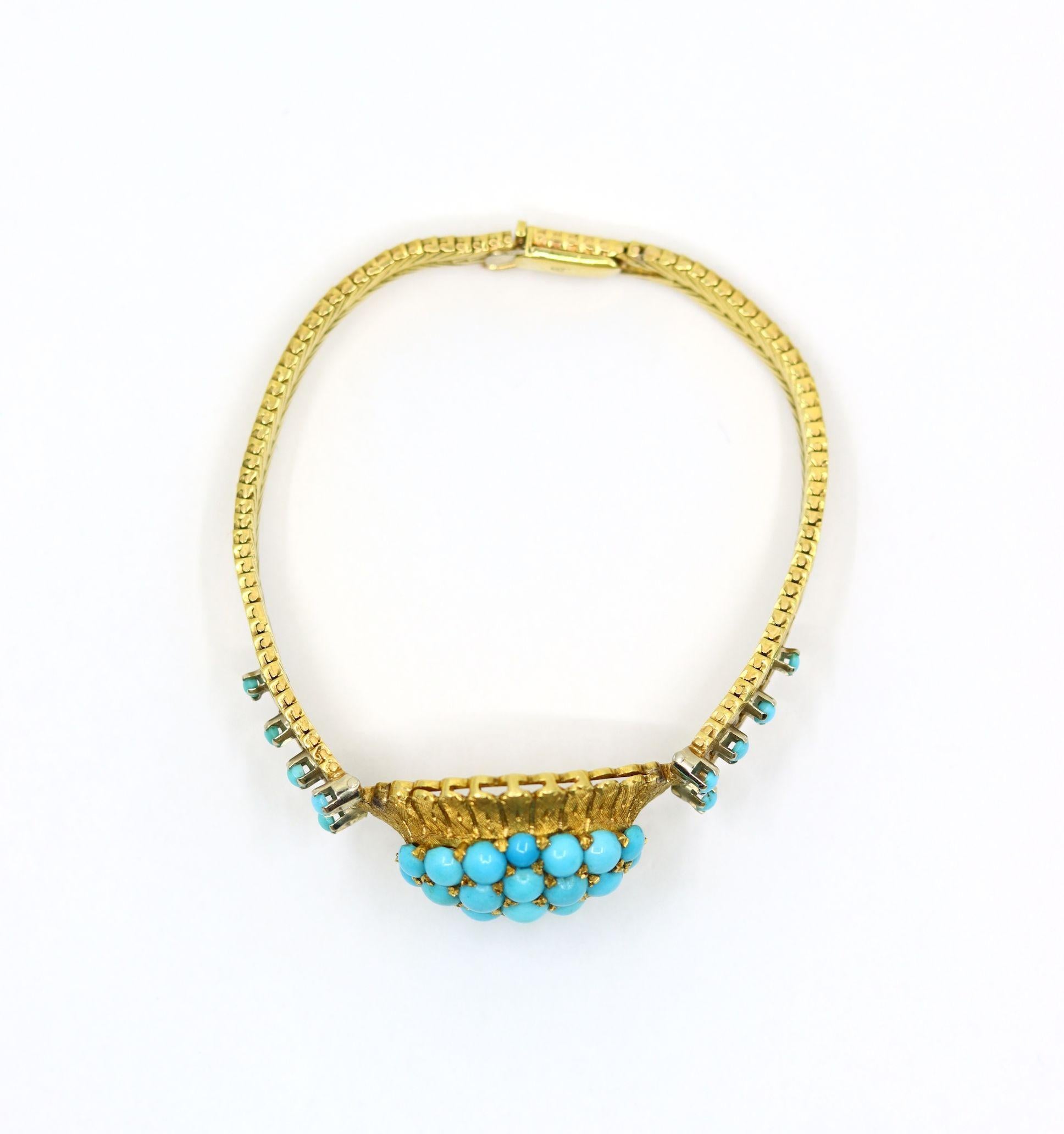 Bracciale con perline turchesi in oro 18 carati vintage in vendita 3
