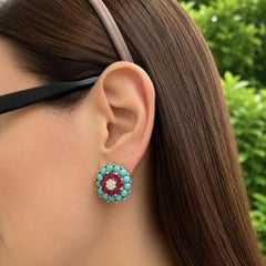 Vintage 18k Gold Turquoise Ruby & Diamond Flower Cluster Clip On Earrings