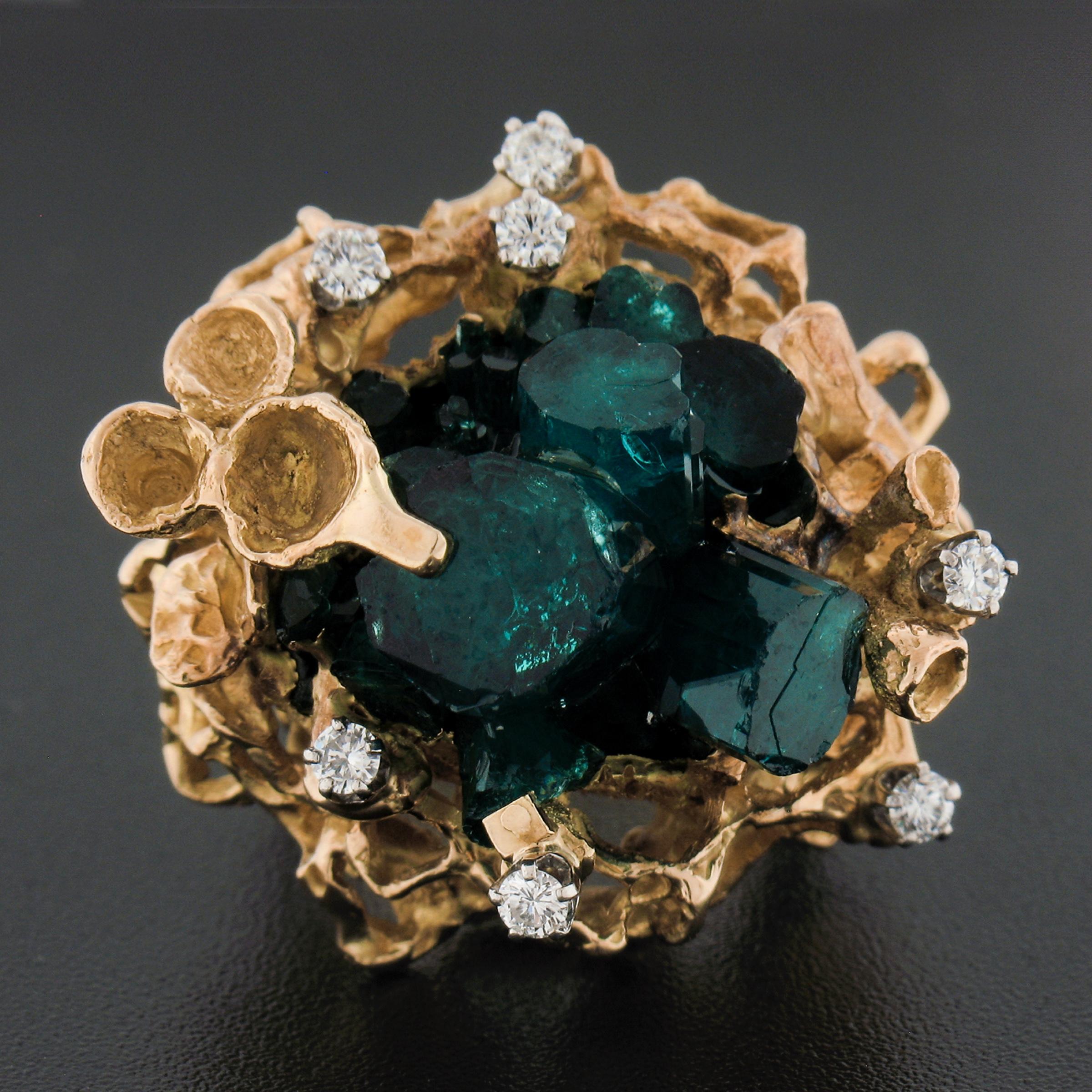 Vintage 18k Gold Uncut Green Crystal & Diamond Large Heavy Freeform Nugget Ring In Good Condition For Sale In Montclair, NJ