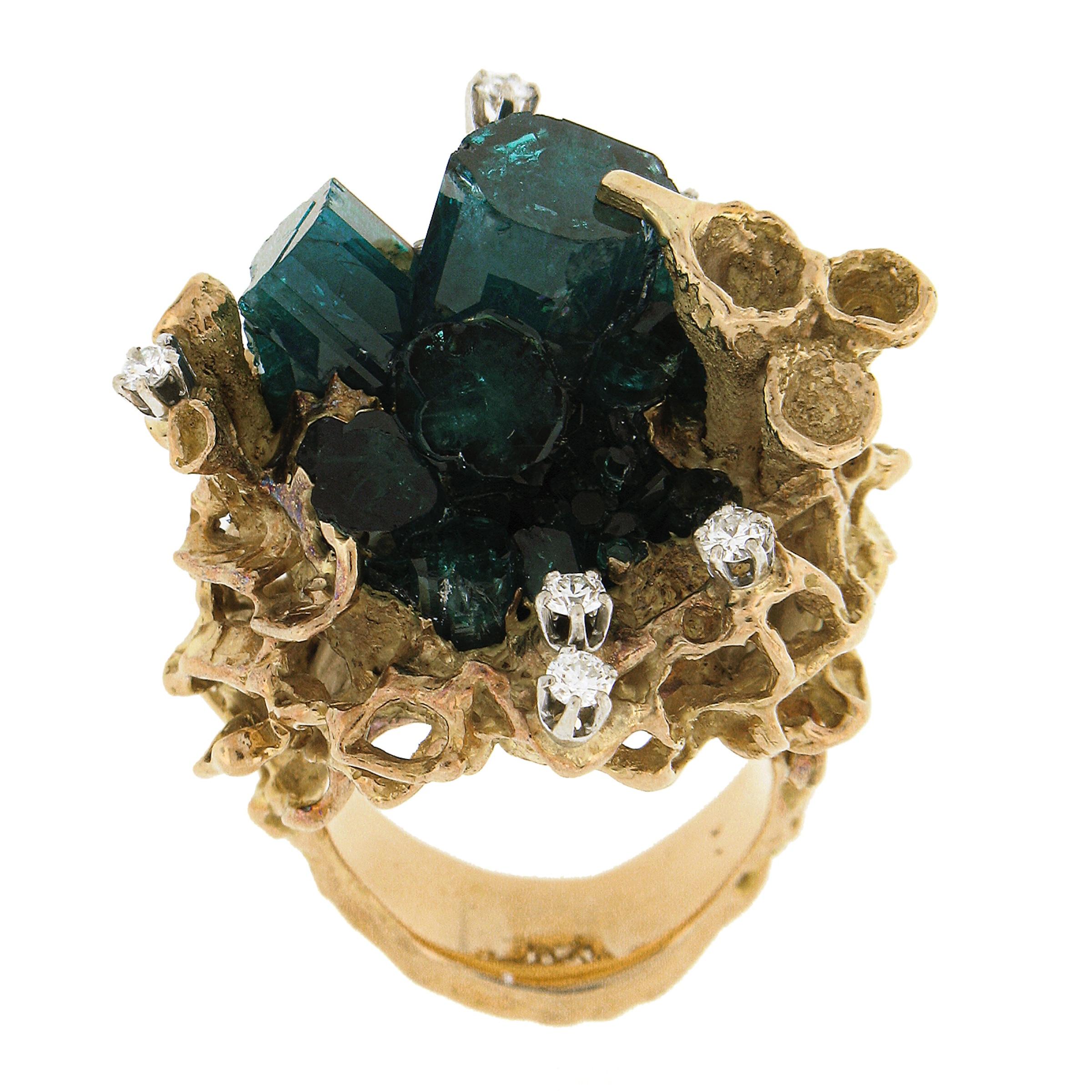Vintage 18k Gold Uncut Green Crystal & Diamond Large Heavy Freeform Nugget Ring For Sale 3