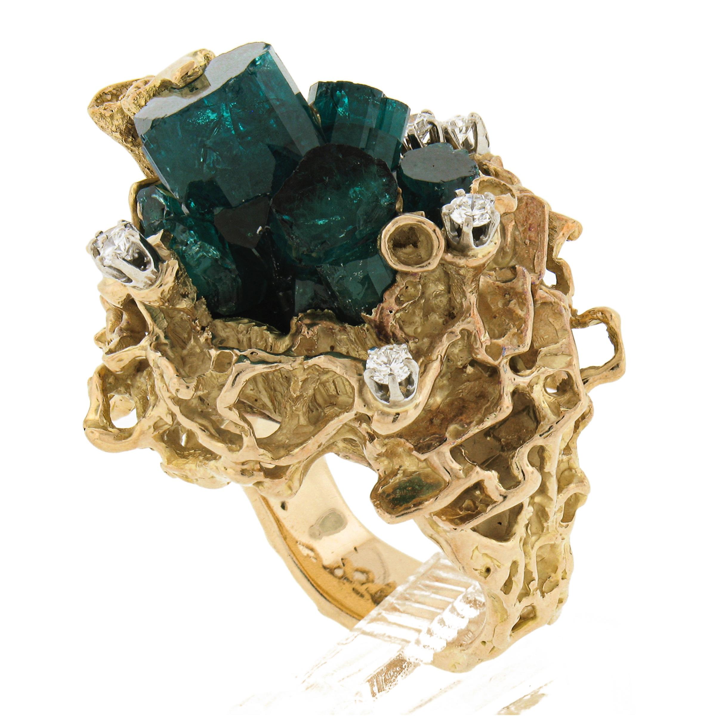 Vintage 18k Gold Uncut Green Crystal & Diamond Large Heavy Freeform Nugget Ring For Sale 5