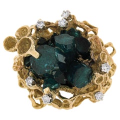 Vintage 18k Gold Uncut Green Crystal & Diamond Large Heavy Freeform Nugget Ring