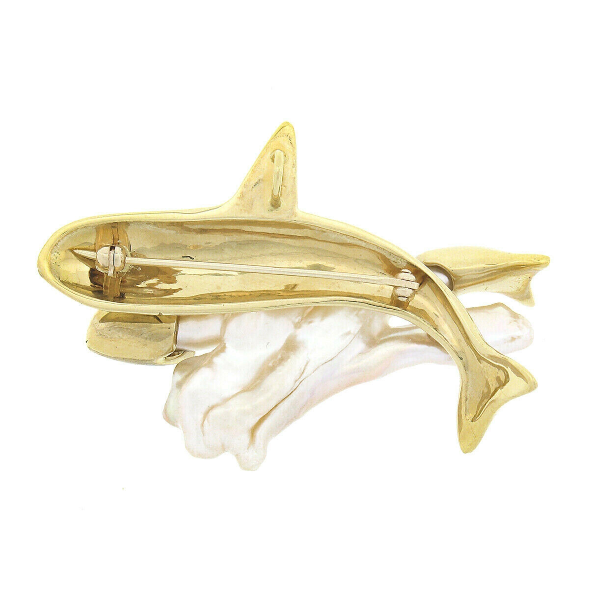 Uncut Vintage 18k Gold Unique Baroque Freshwater Pearl Orca Whale Pin Brooch Pendant