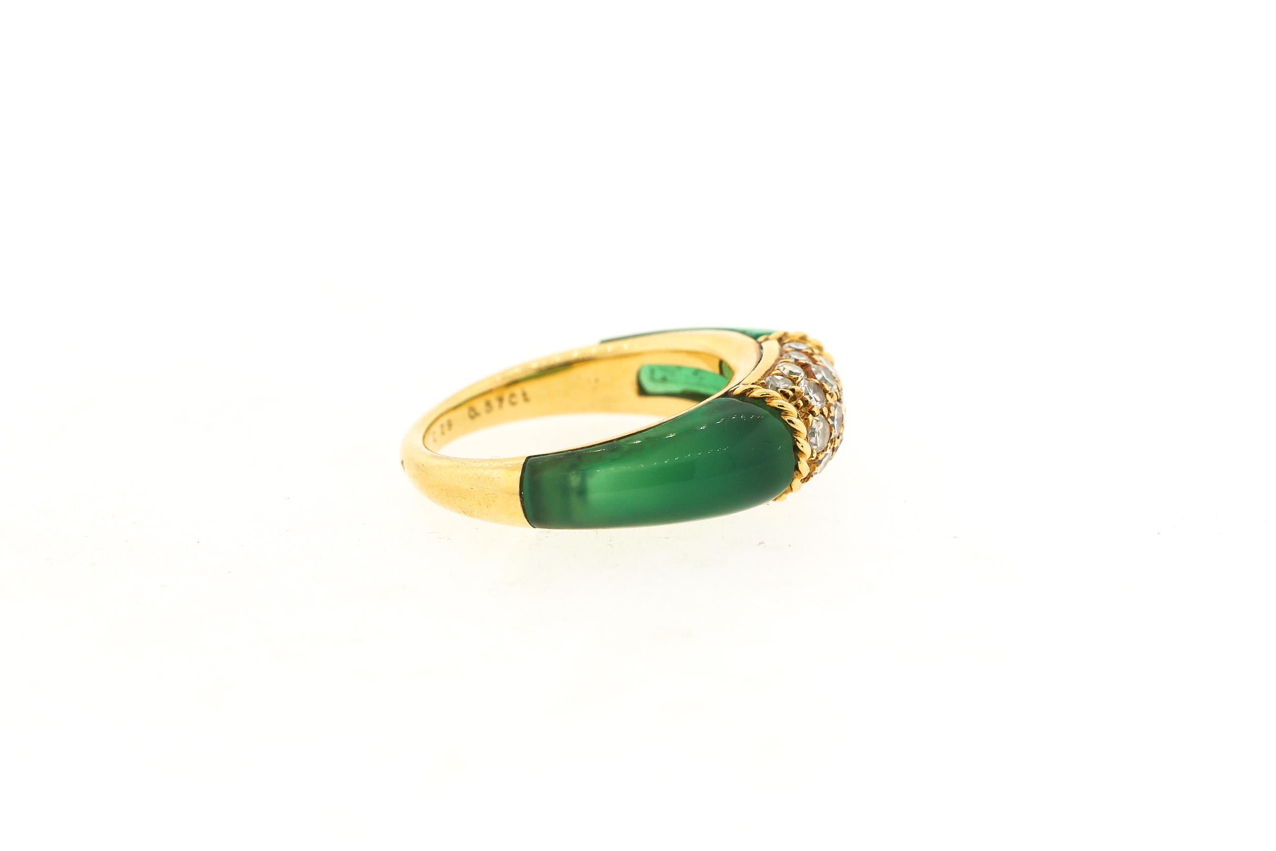Vintage 18k yellow gold green chalcedony and diamond ring by Van Cleef & Arpels circa 1970. The ring design is what they called the “Philippines” collection, and they were made in all sorts of colorful hard stones, such as agate, tigers eye and
