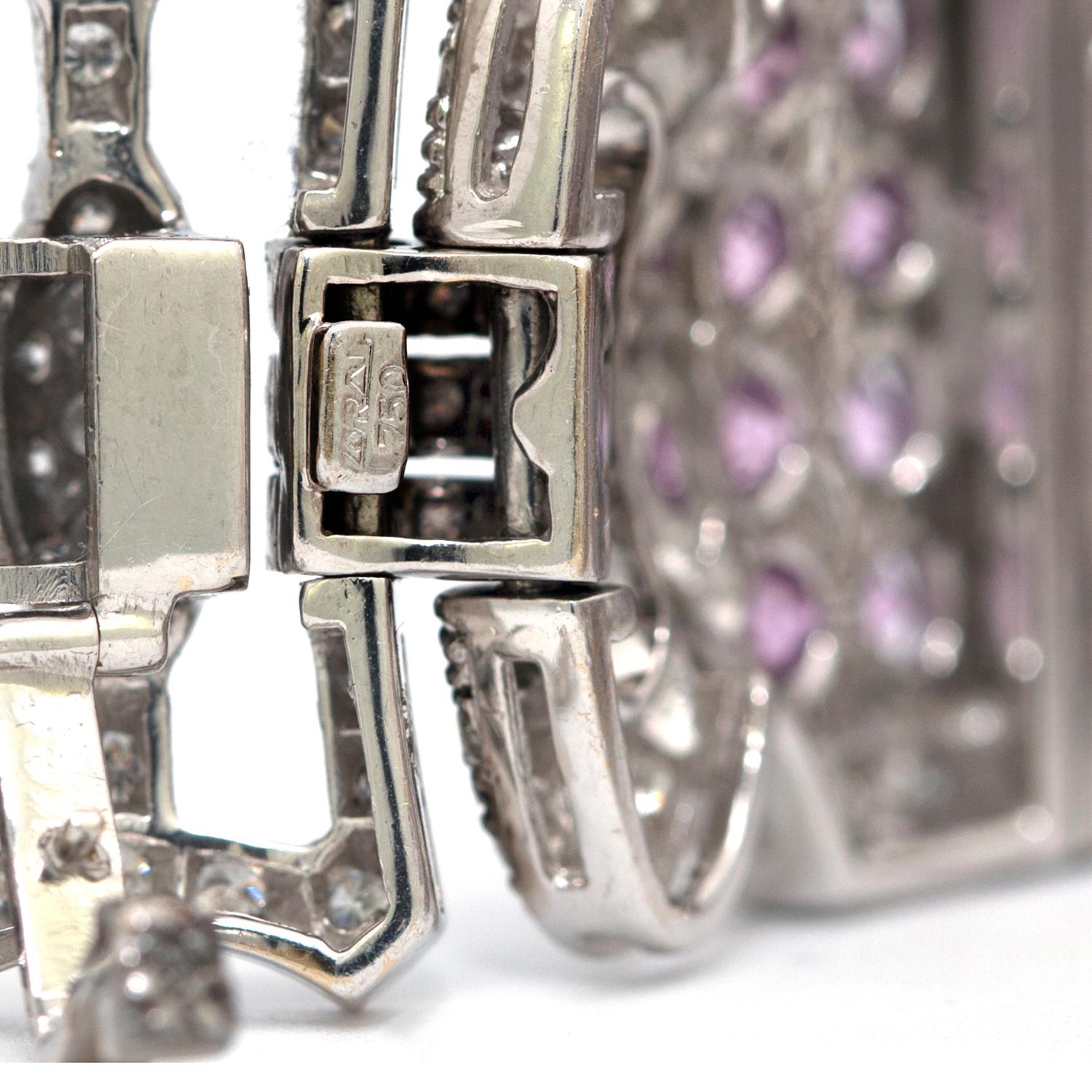 Art déco Bracelet vintage large en or 18 carats avec saphirs roses et diamants en vente