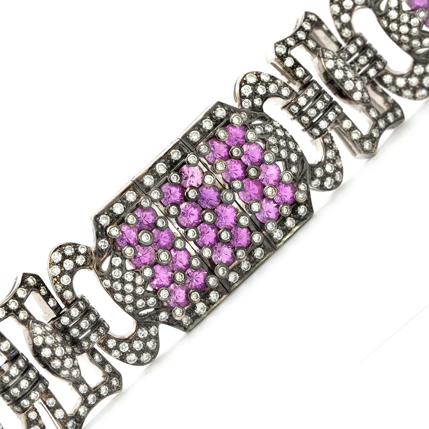 Taille brillant Bracelet vintage large en or 18 carats avec saphirs roses et diamants en vente