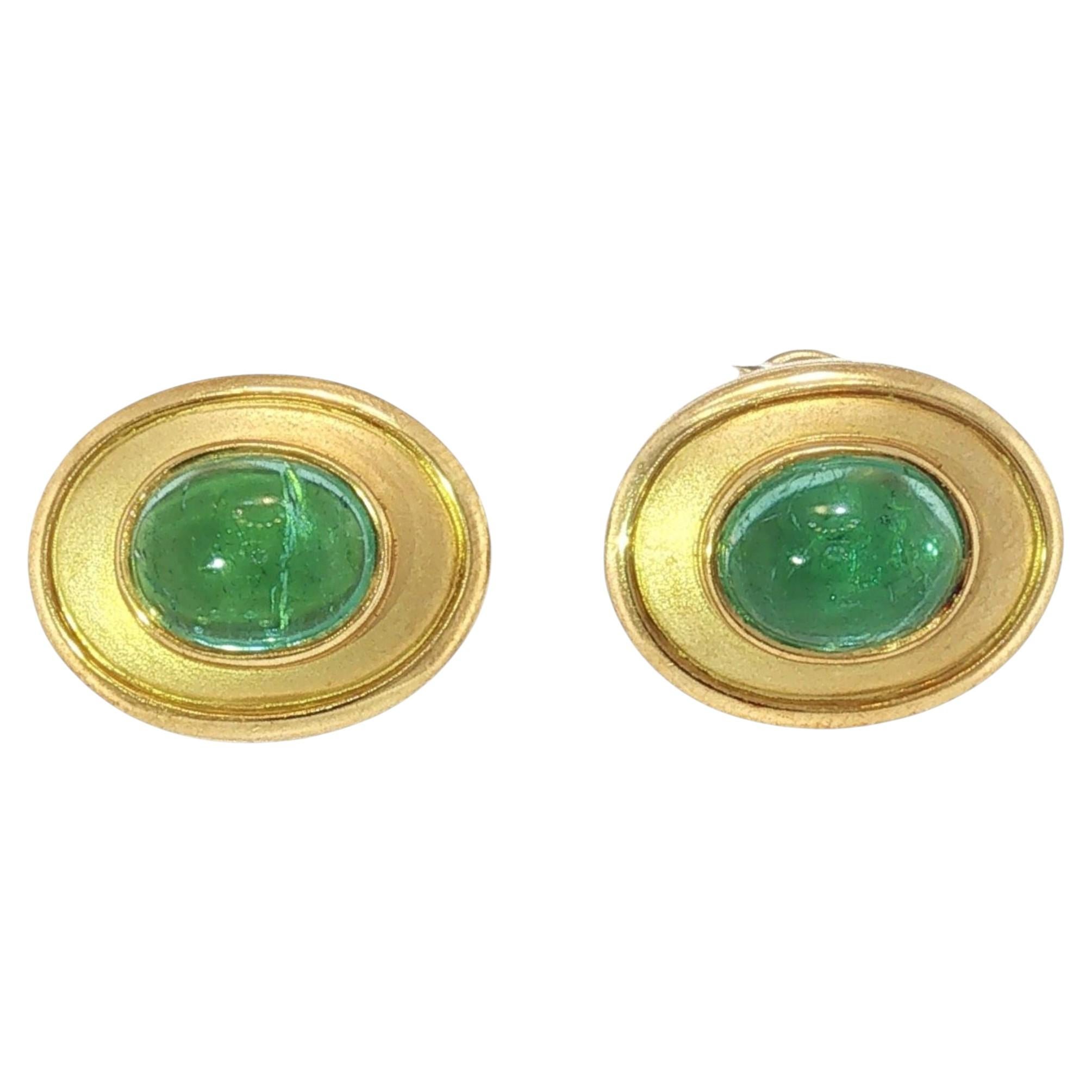 Vintage 18K Green Tourmaline Earrings by Susan Sadler Cabochon Cut Yellow Gold