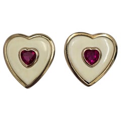 Vintage 18k Heart Earrings in Carved Mother-of-Pearl with 8mm Ruby Hearts