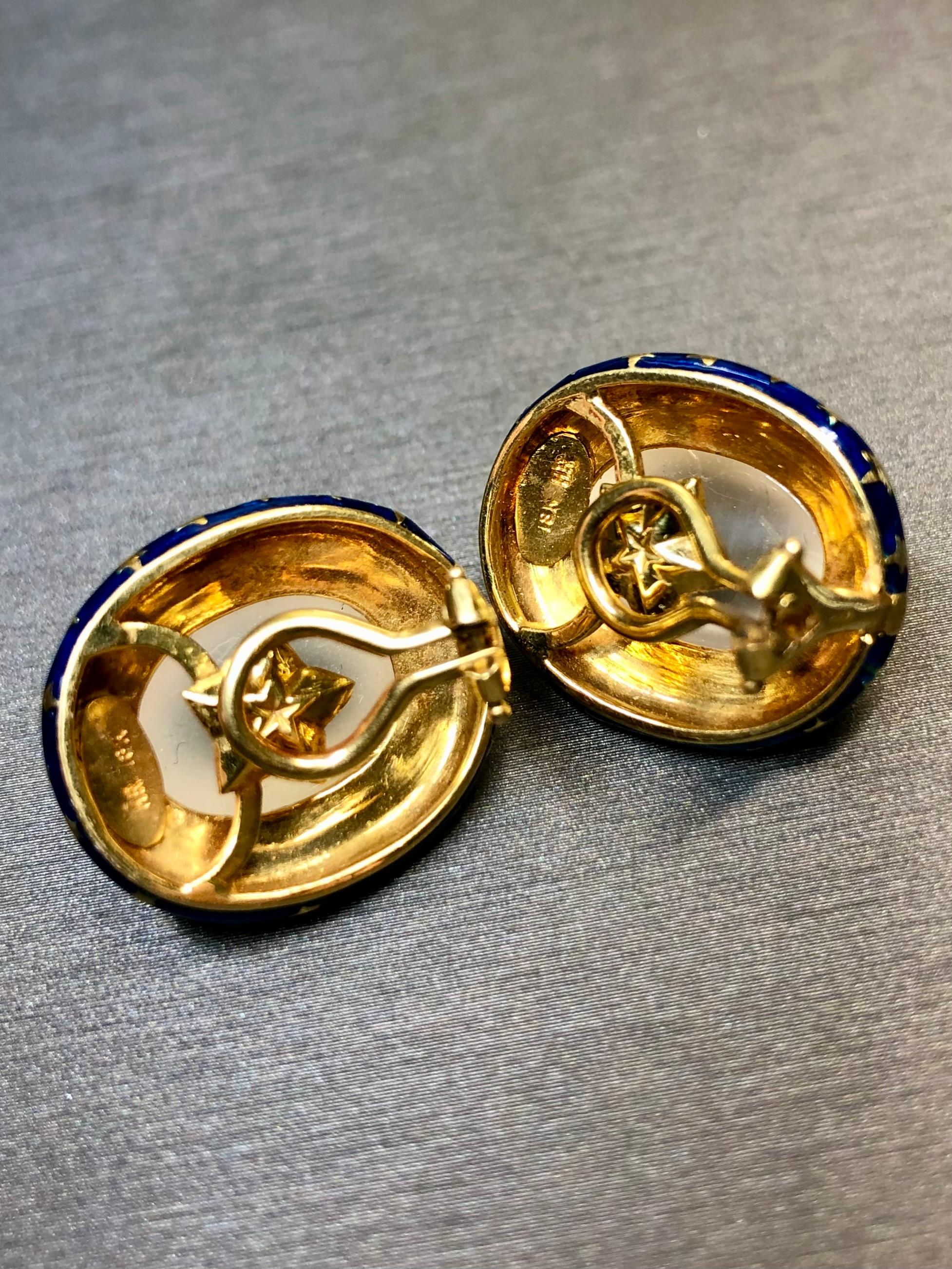 Contemporary Vintage 18K HERBERT ROSENTHAL Moonstone Blue Enamel Oval Star Huggie Earrings For Sale