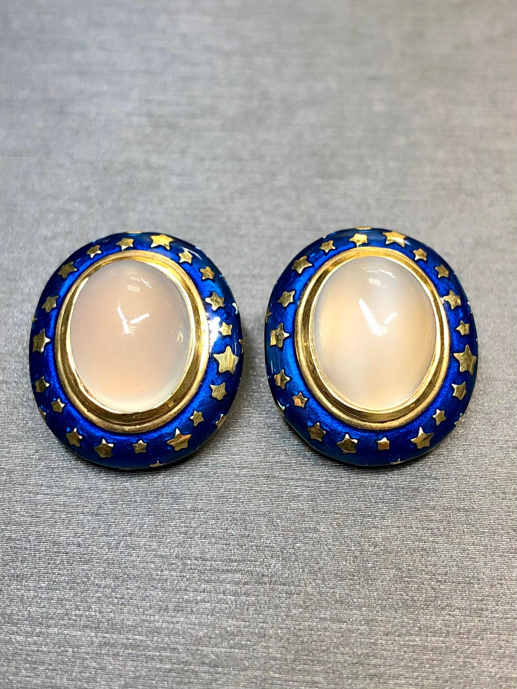 Cabochon Vintage 18K HERBERT ROSENTHAL Moonstone Blue Enamel Oval Star Huggie Earrings For Sale