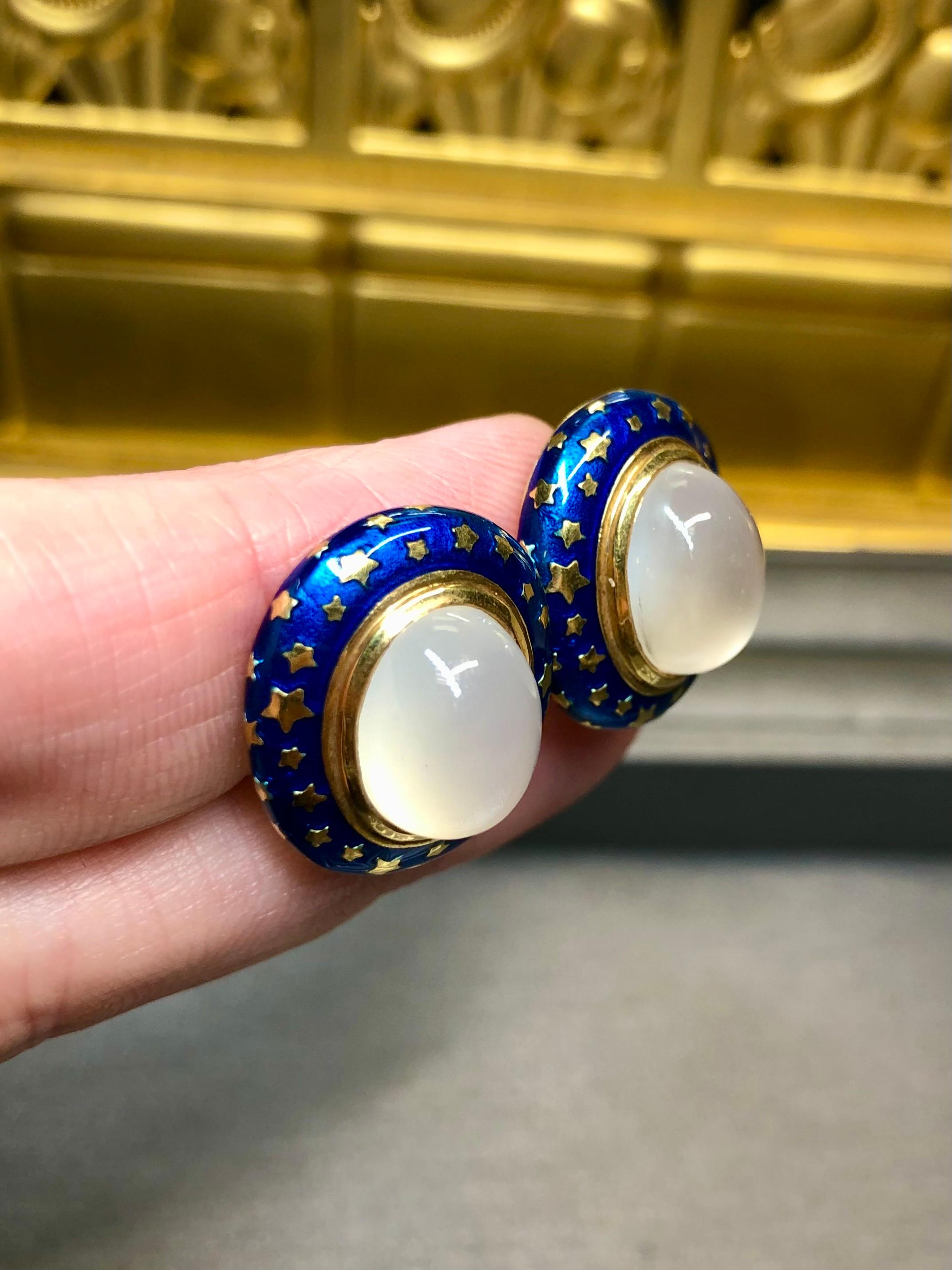 Women's or Men's Vintage 18K HERBERT ROSENTHAL Moonstone Blue Enamel Oval Star Huggie Earrings For Sale
