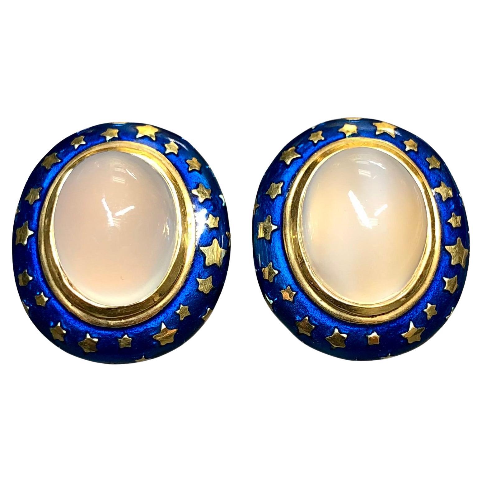 Vintage 18K HERBERT ROSENTHAL Moonstone Blue Enamel Oval Star Huggie Earrings