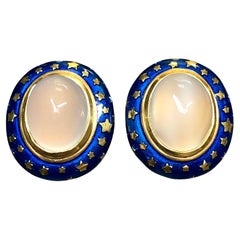 Vintage 18K HERBERT ROSENTHAL Moonstone Blue Enamel Oval Star Huggie Earrings