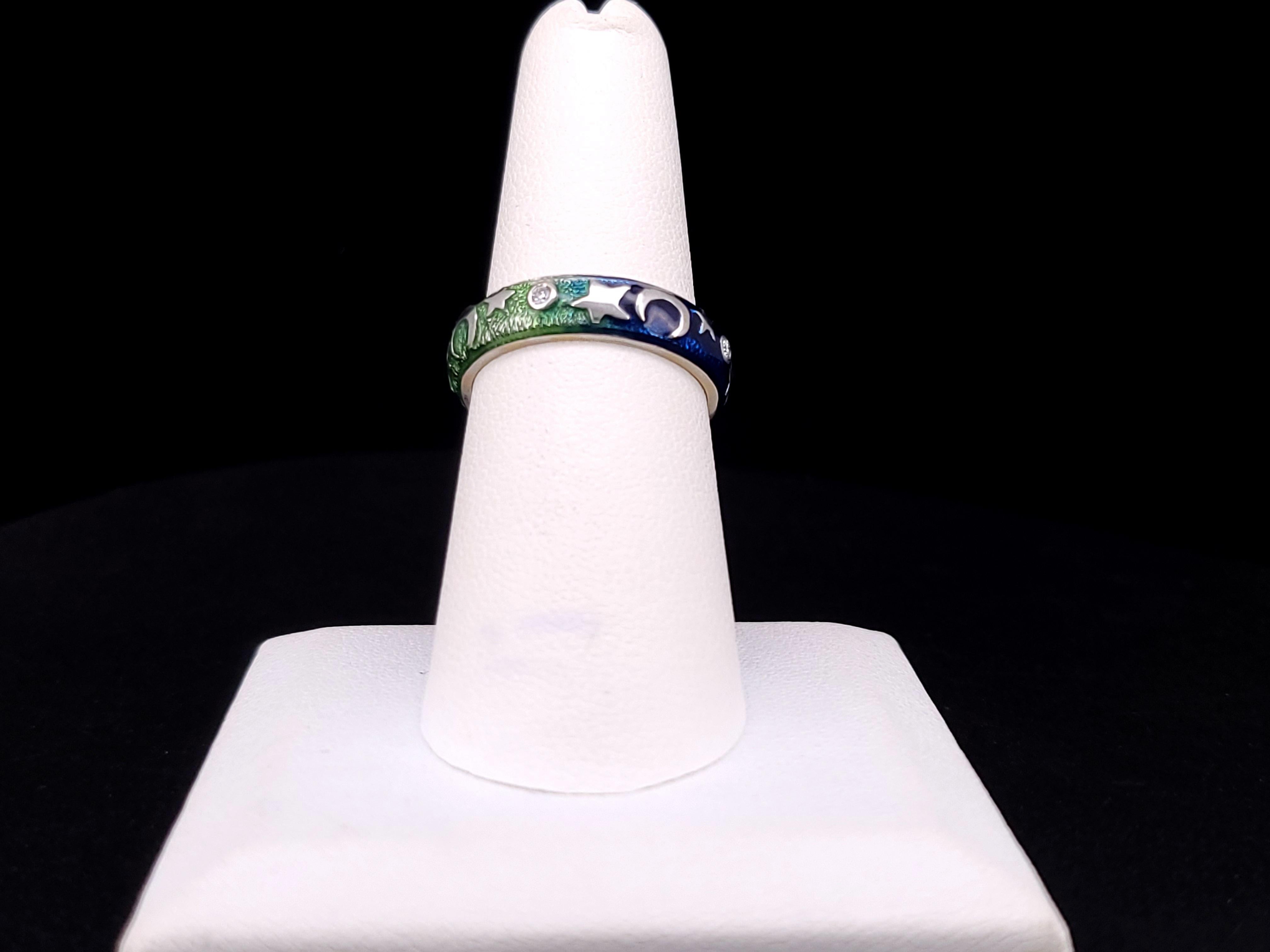 Anello nuziale d'epoca con diamante Hidalgo 18k, stelle lunari e smalto blu In condizioni ottime in vendita a New York, NY