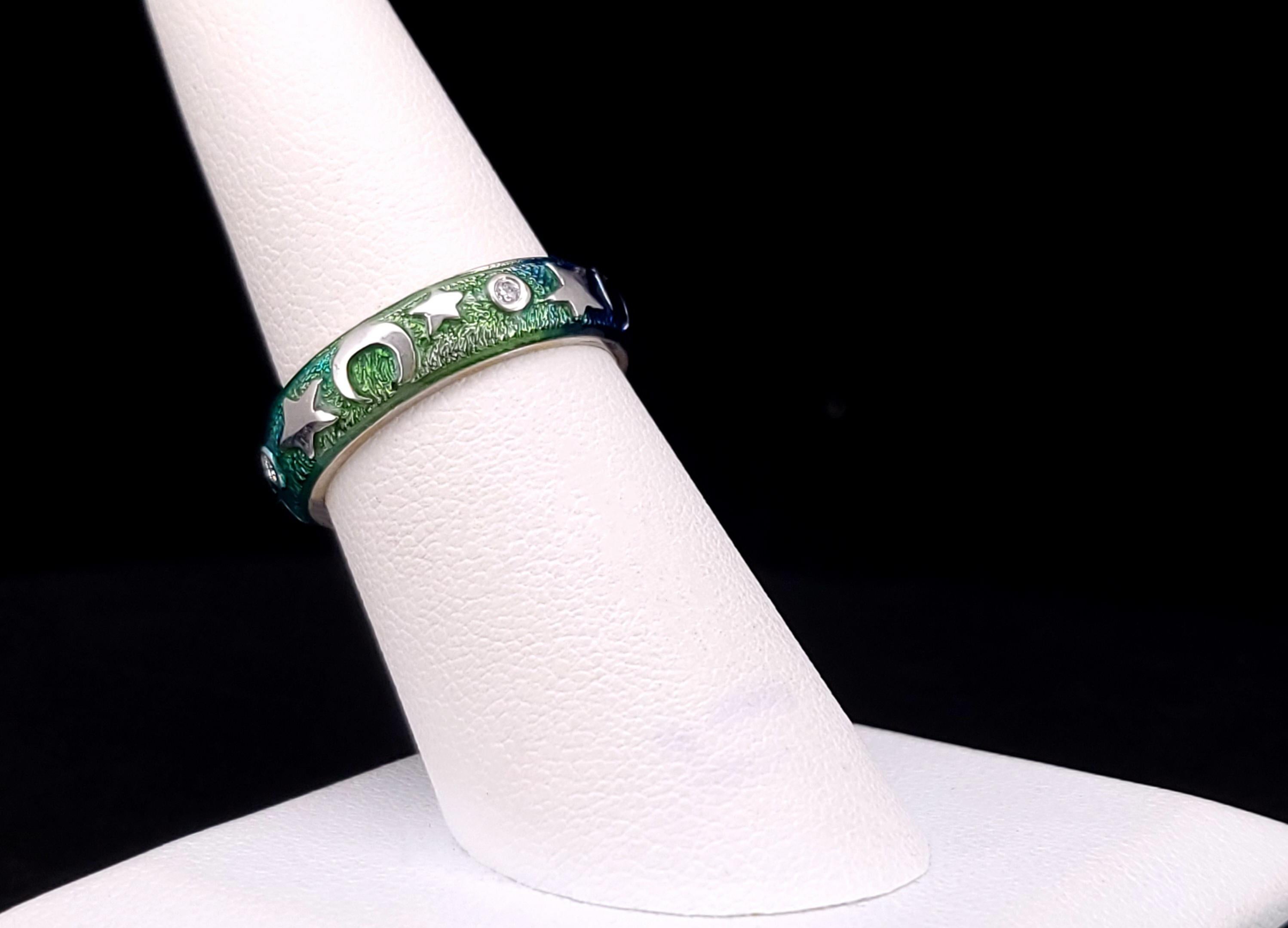 Donna Anello nuziale d'epoca con diamante Hidalgo 18k, stelle lunari e smalto blu in vendita