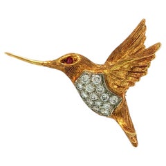 Vintage 18K Humming Bird Brooch Diamonds Yellow Gold